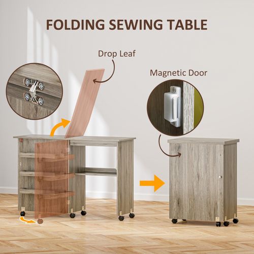 HOMCOM Folding Sewing Table Rolling Craft Table with Drop Leaf Wheels Grey — image 4