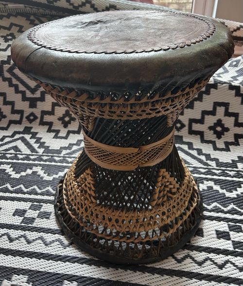 Vintage Drum Shaped Rattan Stool with Leather Seat  Hippy Boho 1970’s — image 7