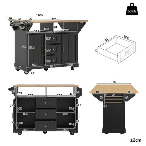 Kitchen Island on Wheels Rolling Storage Trolley with Extendable Worktop, Black — image 8