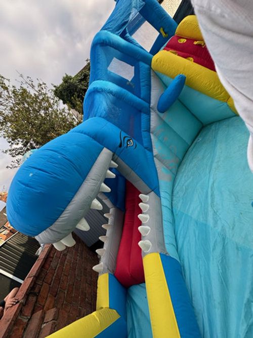 H2OGO! Kids Inflatable Water Park Shark Slide Climbing Wall Pool + Blower
