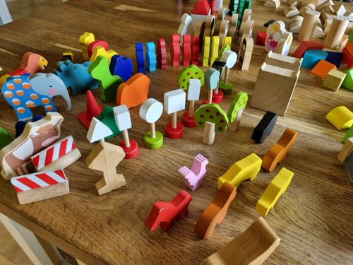Big jigs Wooden Toy Bundle 160 + Pieces. Farm Zoo  People Trees Shops Signs Etc — image 15