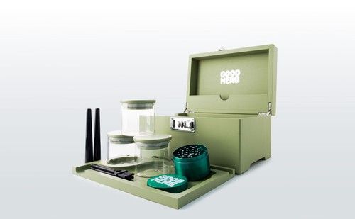 Good Herb Stash Box with Accessories, Grinder, Rolling Tray, 3 Smell-Proof Jars