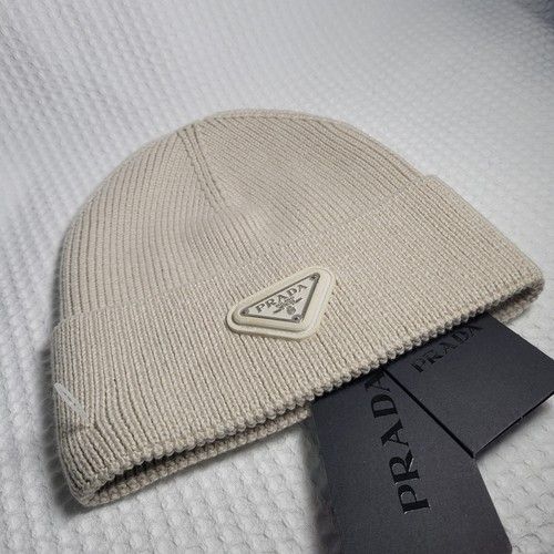 PRADA Knit Logo Beanie Hat One Size Cream  Brand New Unisex