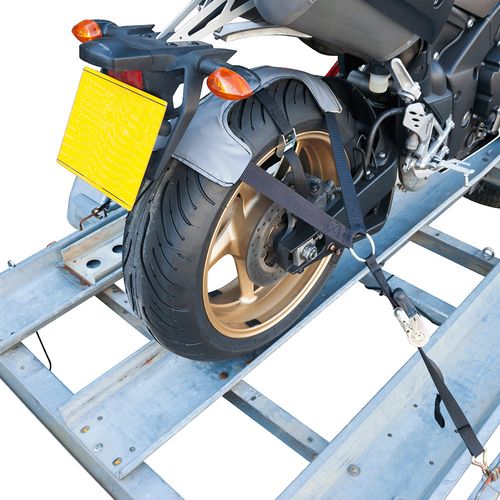Motorcycle Wheel Brace Ratchet Tie Down Strap Securing Transport System — image 4