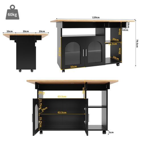 Kitchen Island Storage Trolley Serving Cart Cabinet Drop Leaf Table Top, Black — image 7