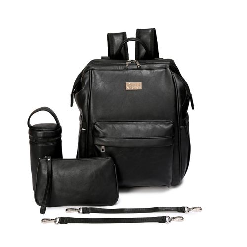 ELF PHOENIX Nappy Bag Backpack Faux Leather Black 5 pcs Set Baby Mummy Dad Gift — image 1