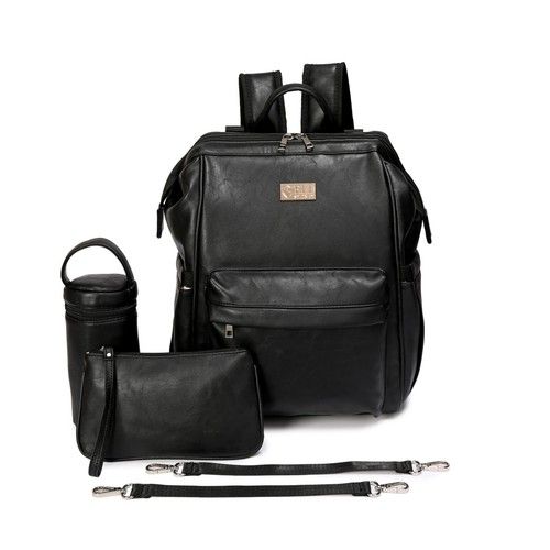 ELF PHOENIX Nappy Bag Backpack Faux Leather Black 5 pcs Set Baby Mummy Dad Gift