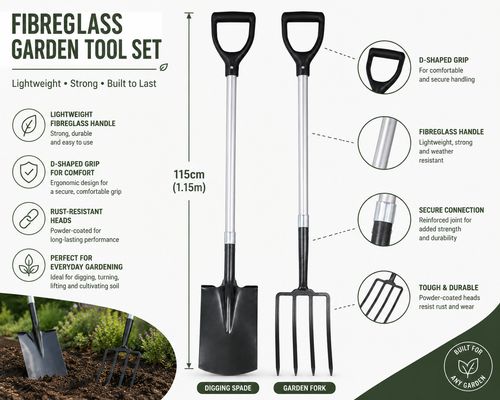 Fibreglass Garden Spade & Fork Set Heavy Duty Digging Tools D Handle 115cm Pair — image 6