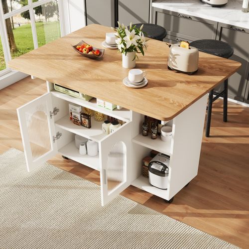 Kitchen Island w/ Drop Leaf, Glass Doors, Serving Trolley Storage Cabinet, White — image 3