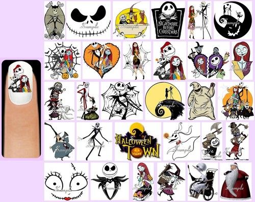 60x The NIGHTMARE BEFORE CHRISTMAS Nail Art Decals + Free Gems Disney Jack Sally