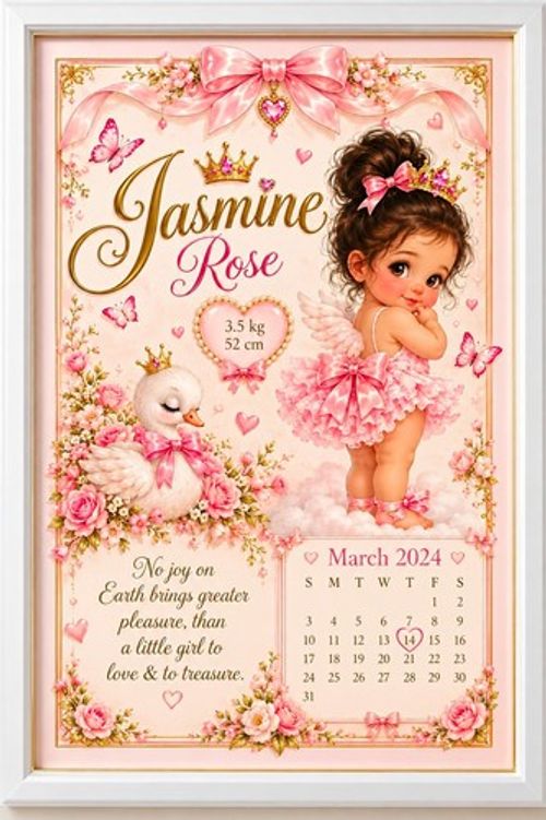 Personalised Baby Girl Nursery Name Wall Print A4 “Jasmine Rose” March 2024