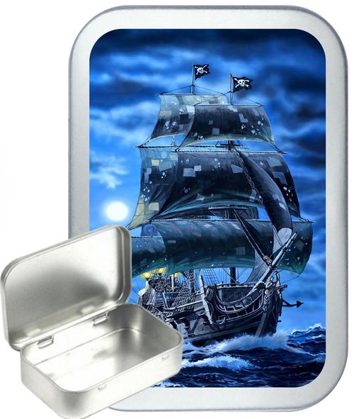 Blue Pirate Ship Silver Hinged Tobacco Tin, Sewing Tin, Gift Tin, 1oz & 2oz  — image 1