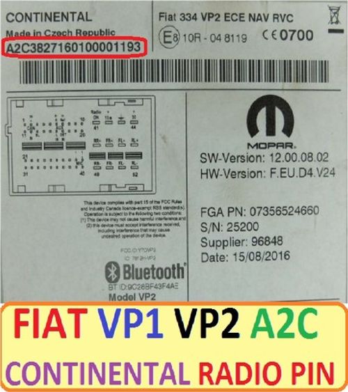 Unlock Pin Code provided FIAT CONTINENTAL Fiat 312 334 VP2 ECE Radio Unlock Code