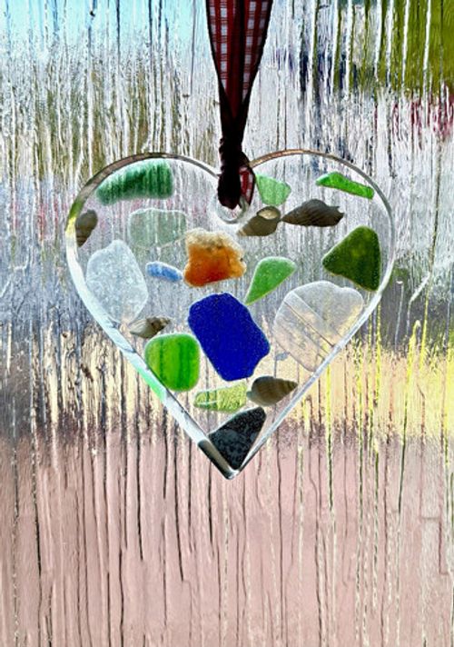 Sea glass Heart Stained Glass Suncatcher Multicolour Ready To Hang Decor