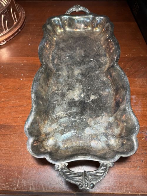 Silverplate Silver on Copper Ornate Serving Tray w/ Handles Scalloped Feet — image 1