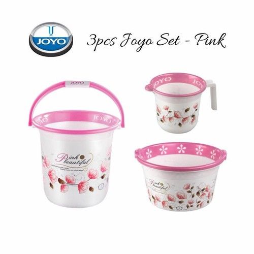 JOYO 3 PCS BUCKET TUB MUG BATH SET BLUE BROWN PINK GREY PLASTIC BATHROOM