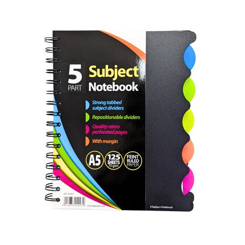 A4 / A5 Spiralbound Notebook 5 Part Subject Ruled Paper School Work -125 Sheets