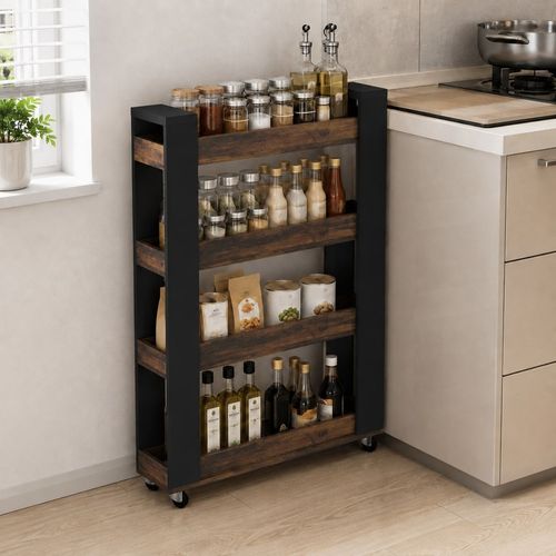 Slim 4 Tier Rolling Wooden Kitchen Storage Trolley Cart Wheels Narrow Rack Caddy — image 3