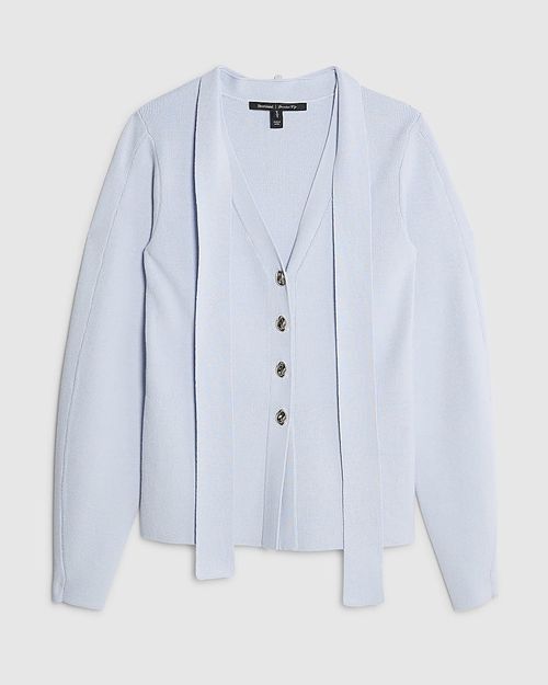 River Island Womens Cardigan Blue Knitted Tie Neck V-Neck Button Jumper Top — image 6