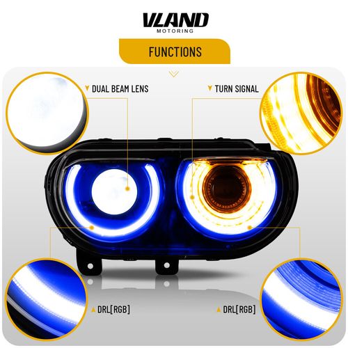 2*Headlights For Dodge Challenger 2008-14 VLAND LED RGB Projector Sequential RHD — image 5