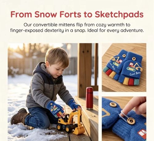 Boys Blue Knit Flip-Top Fingerless Convertible Mittens Construction 2-3 years — image 2