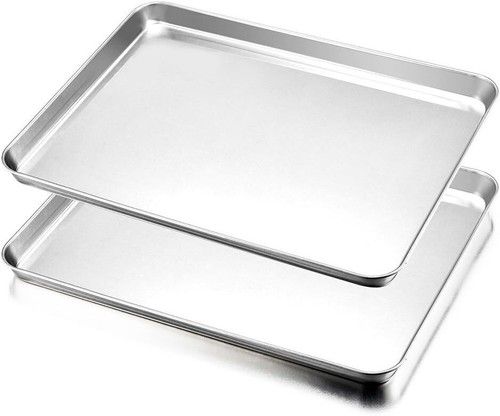 Baking Tray Sheet Stainless Steel Rimmed Pan Baking Easy Clean Large Size Set 2