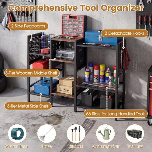 Garden Tool Storage Rack, 3 Tier Metal Yard Tool Organizer with Wooden Shelves, — image 2