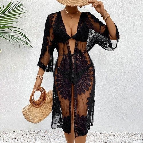 Lady Summer Beach Cover Up Cardigan Swimwear Lace See Through Holiday Dress Size