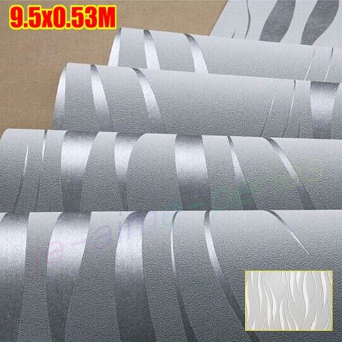 Silver Grey 3D Damask Wave Stripe Embossed Textured Wallpaper Roll Wall Covering