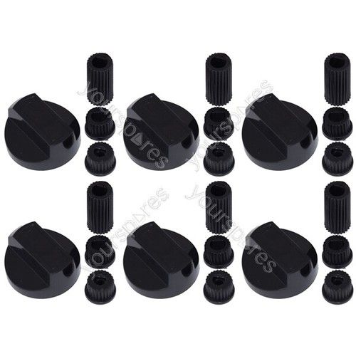 6 X Fully Universal Cooker Oven Hob Black Control Knobs & Adaptors - Fits All