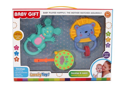 Baby Teether Rattle Set Toy 3pcs Various Cartoons animal shapes Shake Gift box  — image 2