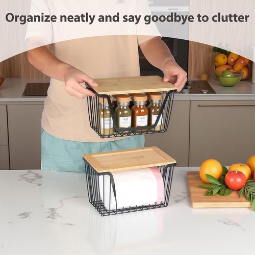 2 Set Stackable Wire Basket with Bamboo Tops Pantry Organizer and Storage Bins — image 5