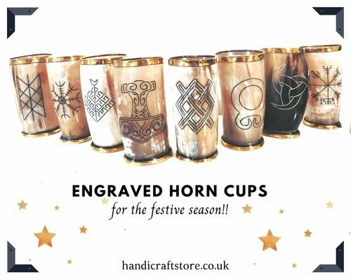 Engraved Ox Horn Viking Drinking Mug, Horn cup with brass top & bottom accent