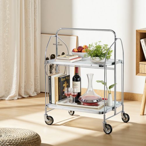 2-Tier Folding Kitchen Trolley Serving Trolley Serving Cart with Wheels Silver — image 6