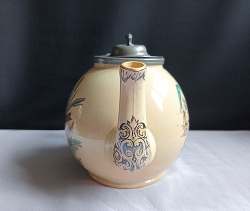 Antique Teapot Pottery + Pewter Lid Bird Robin Butterflies Insects Transferware — image 12