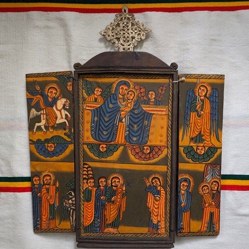 Ethiopian Orthodox Wood Icon Triptych Hand Painted Metal Cross Mary Child Saints