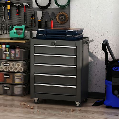 HOMCOM 5-Drawer Tool Chest Steel Lockable Tool Storage Cabinet with Wheels — image 8