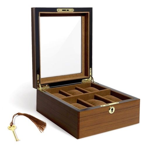 6/10/12 Grids Wooden Watch Box Glass Lid Jewelry Display Organizer Storage Case