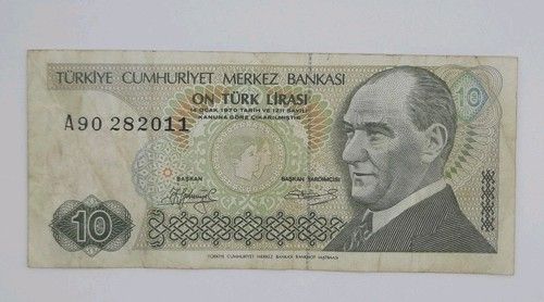 1979 Central Bank of Turkey 10 Turkish LIRA 10 YTL SERIAL No. A90 282011 P-192a
