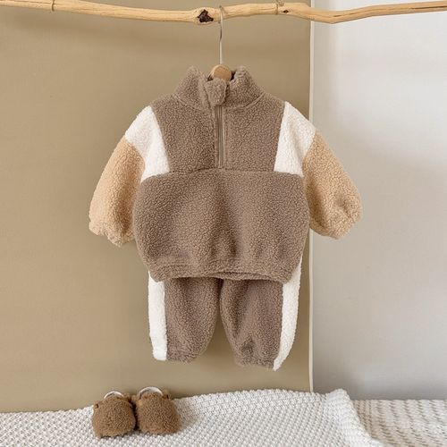 Winter Boys and Girls Color-block Thickened Lamb Velvet Suit Two-piece Outfit — image 2