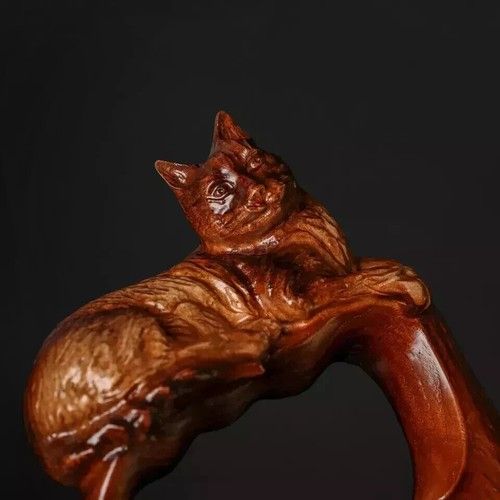 Hand craved cat handle wooden walking cane cat walking stick.