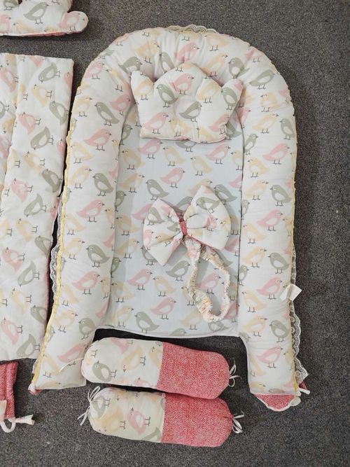 9 Piece Moses Basket Cotton Bedding Set, Bird Theme Red Pink White Yellow — image 4
