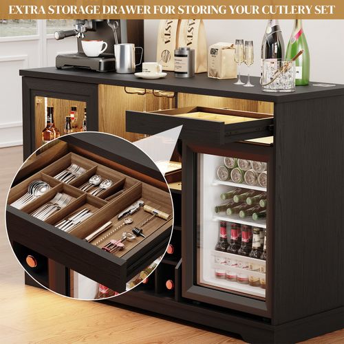 Coffee Bar Cabinet with Fridge, 47" Buffet Sideboard with Wine Rack & LED Lights — image 8