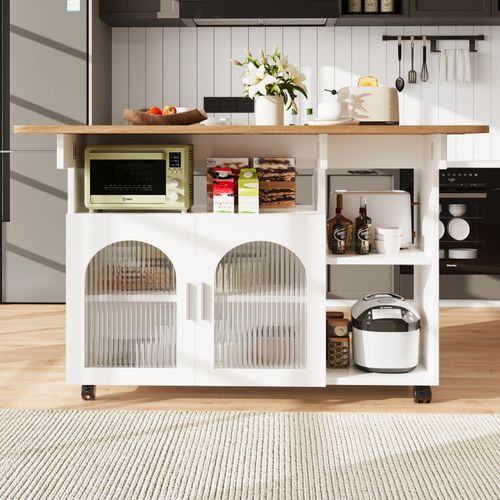 Kitchen Island w/ Drop Leaf, Glass Doors, Serving Trolley Storage Cabinet, White — image 2