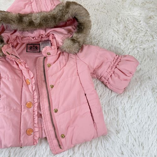 Juicy Couture Infant Pink Puffer Jacket Faux Fur Hood Coat Size 6–12 Months Cute — image 7