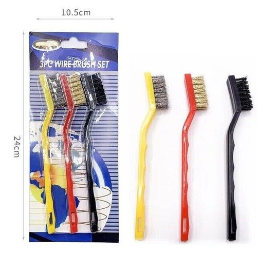 3 PIECE SMALL WIRE BRUSH SET BRUSHES STEEL BRASS NYLON METAL RUST PAINT REMOVER