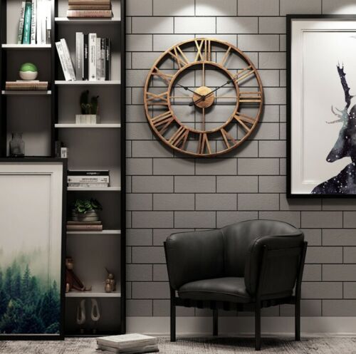 60CM Large Skeleton Metal Roman Wall Clock Big Numerals Giant Open Round Face