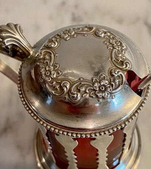 Sterling Silver Victorian Cutwork Mustard Pot Cranberry Liner w/Sterling Spoon — image 2