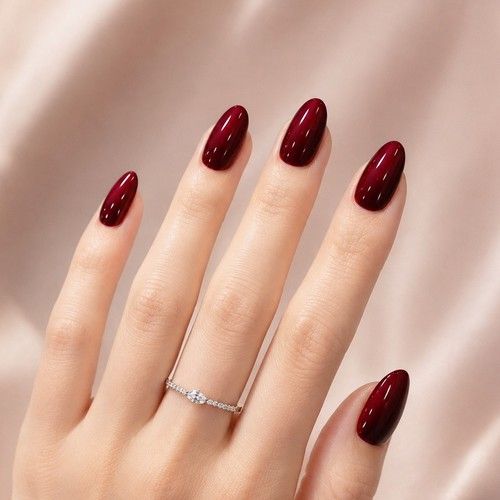 Press on Nails Short Almond Burgundy Wine Red Cat Eye False Nails With Glue Tabs