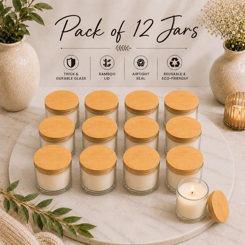12 Pack Premium Frosted Glass Candle Jars with Bamboo Lids –Perfect for Homemade